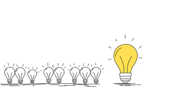 Hand drawn glowing yellow light bulb idea concept on transparent background. Sketched in a minimalist black line art style. For business presentations, educational materials, creative design projects.