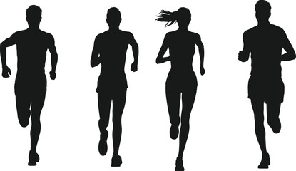 Silhouettes of Four Runners in Motion on White Background Keywords: runners, running, athletes, fitness, sport, exercise, motion