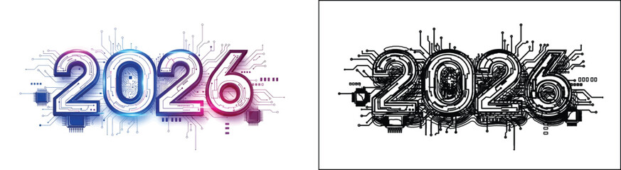 Obraz premium Set of New Year Text Graphics: Modern 2026 Gradient and Grunge 2025 Vector Designs