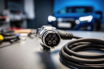 Electric vehicle charging plug and cable with metallic connector close-up