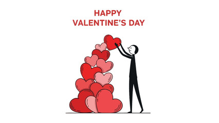 Man adding heart to valentine's day pile, festive love gesture with red and pink hearts