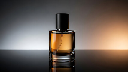 Elegant luxury fragrance bottle on reflective surface