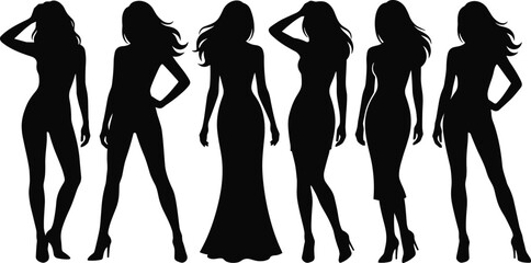 Elegant female fashion silhouettes posing confidently expressing beauty style glamour femininity isolated on white background illustration