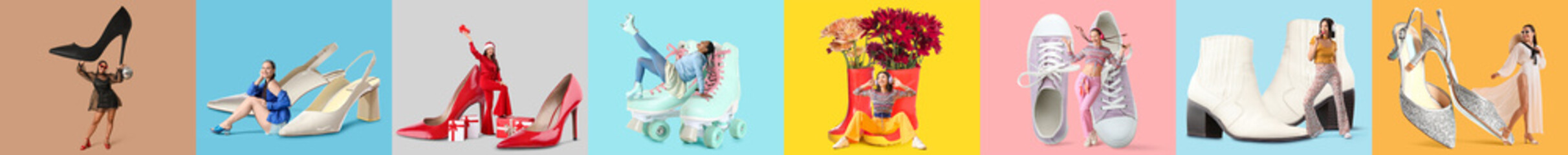 Set of young women and big stylish shoes on color background