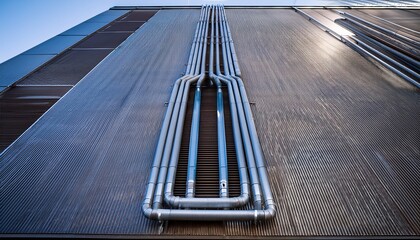industrial pipes installed on exterior building wall with metallic textures representing utility infrastructure and mechanical system for power ventilation and building engineering