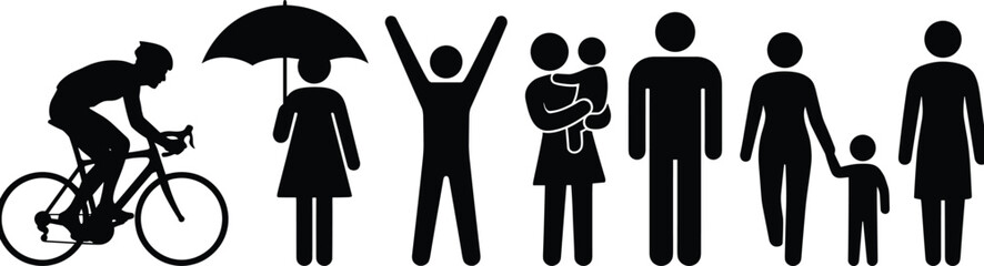 People icon silhouettes representing daily activities family care success transportation and lifestyle diversity isolated on white background illustration