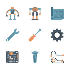 Fototapeta premium Industrial automation and robotics equipment illustration set featuring robot units tools circuits gears flat vector design