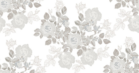 Flowers and leaves of roses in vintage style, seamless pattern in shades of white on a transparent background