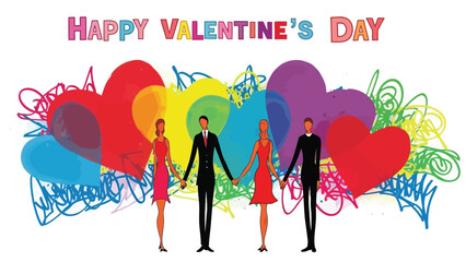 Colorful happy valentine's day illustration with couples holding hands surrounded by heart shapes and swirling lines on a white background