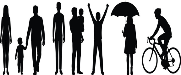 People silhouettes representing everyday lifestyle activities family diversity motion emotions and social life isolated on white background illustration