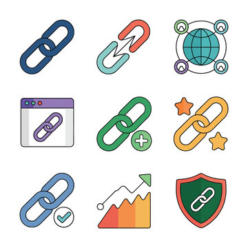 Search engine optimization and analytics icon set with link graph tag settings globe ranking tools flat vector illustration