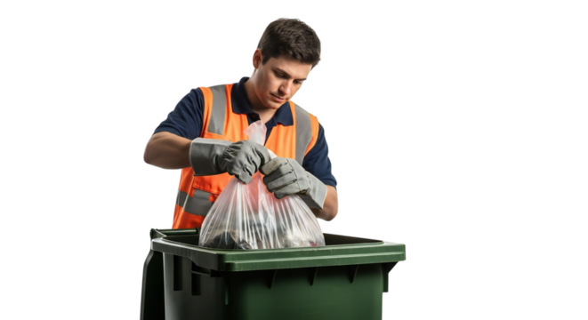 Man sorting garbage, high visibility vest, isolated on transparent background - Powered by Adobe