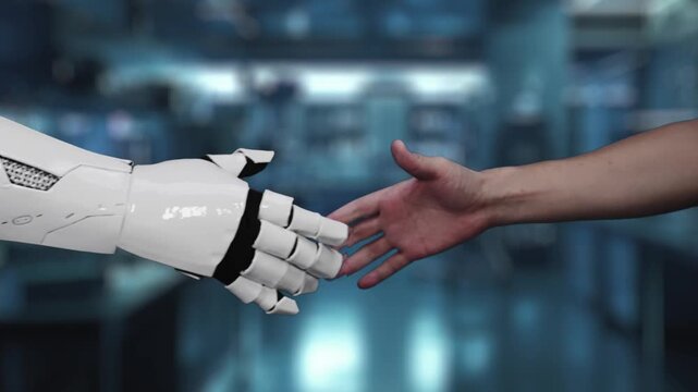 Close up of robotic hand and human shaking hand with brain hologram. AI and human working together or making agreement with brain holographic floating with blurring laboratory. Teamwork. Salubrious.