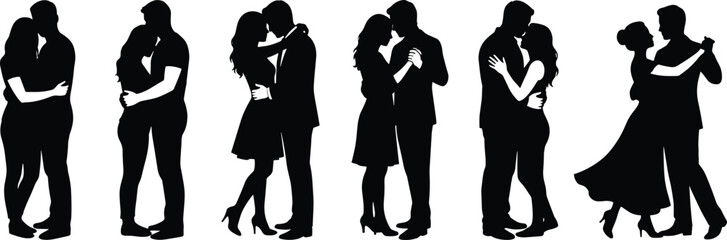 Romantic couple silhouettes embracing and dancing expressing love intimacy passion elegant relationship isolated on white background illustration