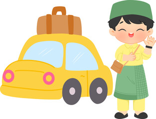 Cartoon muslim boy with car for going home (mudik)