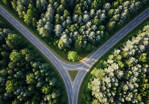 Forking asphalt road through lush green forest aerial view