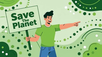 Environmental Activist Holding Sign with Save The Planet Message in a Green Nature Setting