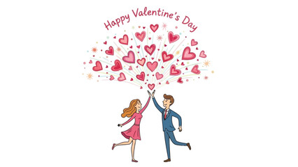 Couple celebrating valentine's day with hearts floating above them in a joyful cartoon illustration on a white background