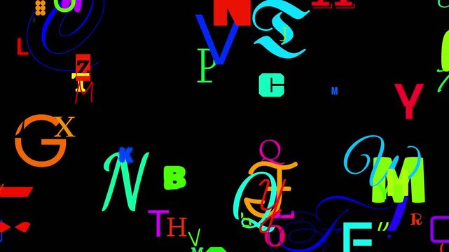 Many letters of the alphabet written with many random colors appearing and disappearing on the transparent background Alpha Channel Type