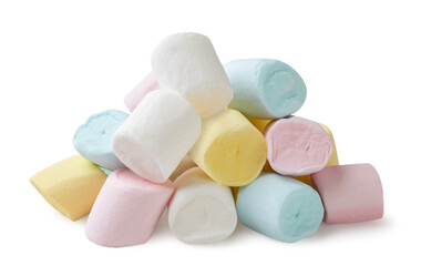 Pile of colorful marshmallows close-up on a white background. Isolated
