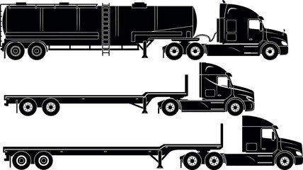 Black semi truck and trailer silhouettes set featuring tanker and flatbed transport vector illustration isolated on white background design collection