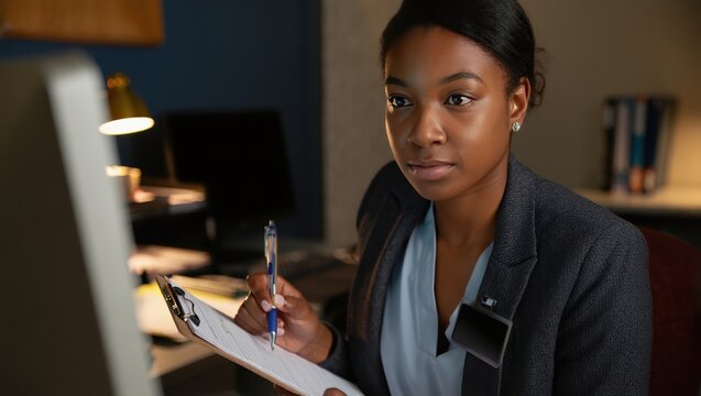 Caseworker documenting client needs assessment with clipboard in office at night