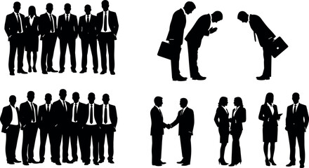 Business people silhouettes set showing teamwork handshake greeting bowing meeting corporate professionals isolated black vector illustration on white background design