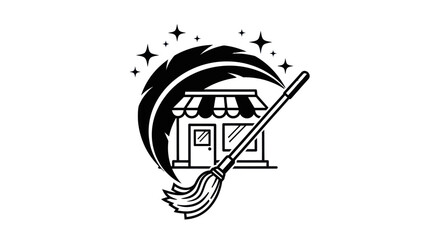 Professional Cleaning Service Logo with Broom and Storefront.