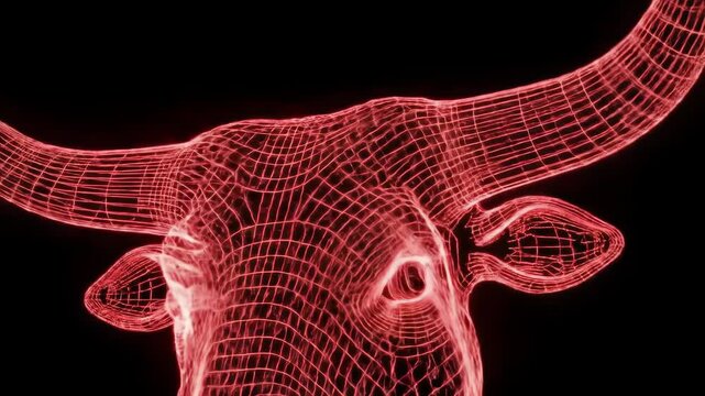 Red digital bull head over black background, representing technology or abstract art, for creative design