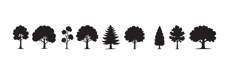 Fototapeta premium Horizontal line of ten black silhouette trees showing diverse growth patterns and crown shapes for illustration