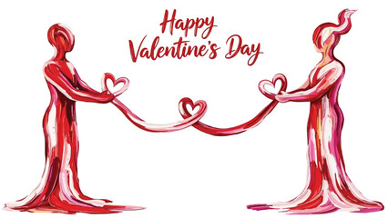 Two red figures in love holding hearts on valentine's day with a romantic gesture