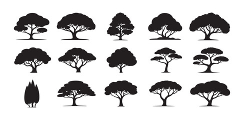 Fifteen stylized black silhouette icons depicting different shapes and profiles of mature trees in full leaf against white © FARJANAAKTER