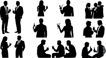 Elegant cocktail party silhouettes of business people socializing with drinks at networking events, nightlife celebrations, and professional gatherings vector illustration