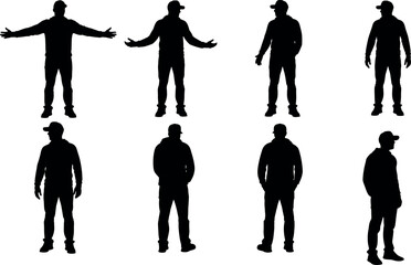 Male human silhouettes set showing different standing poses isolated on white background for business, people, character design vector illustration collection