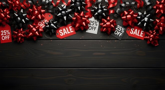 Black friday sale concept with red and black gift bows and discount tags on dark wood background