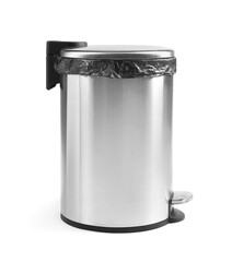 One metal trash bin with plastic bag isolated on white