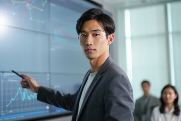 AI researcher in suit presenting data on large display with focused expression