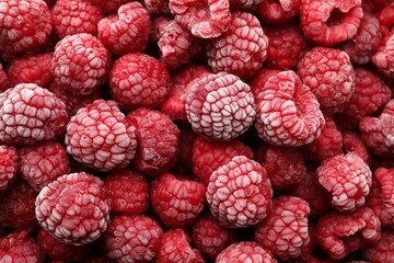Frozen ripe raspberries as background, top view