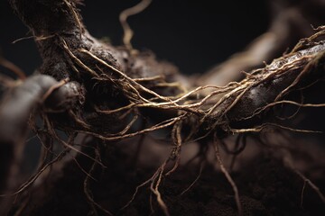 Macro of dark twisted roots covered with soil and organic debris