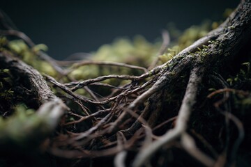 Close-up of intertwined roots with moss and natural organic textures