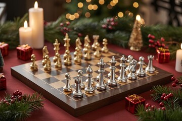 Festive holiday chess game setup on wooden table surrounded by christmas decorations, pine cones, and twinkling lights