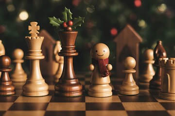 Chess game with creatively decorated holiday pieces on a festive-themed board, seasonal strategy game