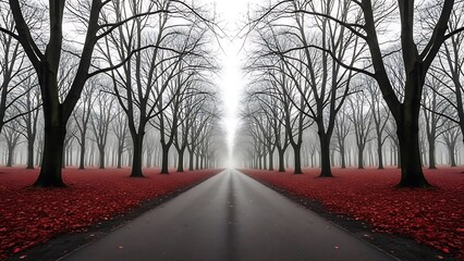 A captivating autumn road lined with bare trees and vibrant red leaves disappearing into a mystical fog