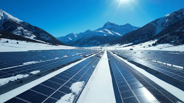 Solar Panels in Snowy Mountains - Sustainable Energy in Winter Landscape.