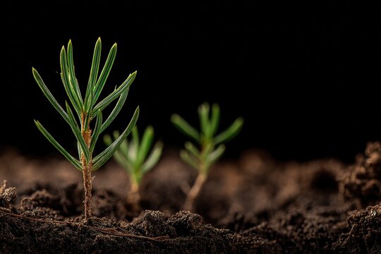 Close-up of young pine seedling emerging from soil in dramatic lighting