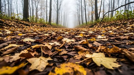 A vibrant autumn path blanketed with golden leaves leads into a mysterious misty forest