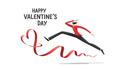 Woman jumping with ribbon forming a heart shape in the air with happy valentines day text
