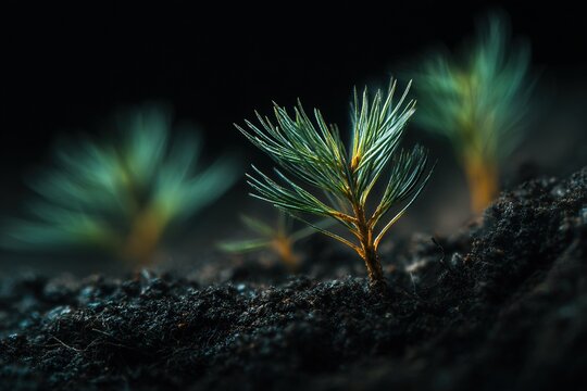 Macro of young pine seedling growing from dark soil with soft light