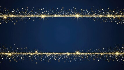 Golden glitter particles and starbursts on dark blue background