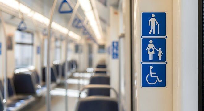 Public transport priority seat signage inside a modern, empty train car, emphasizing accessibility and inclusion concept.